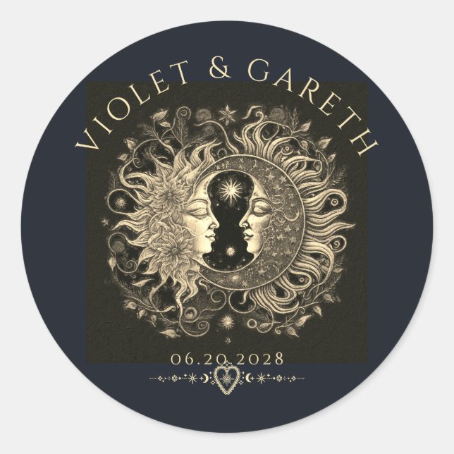 Sticker Rond Mariage des étoiles de la lune de soleil céleste (Devant)