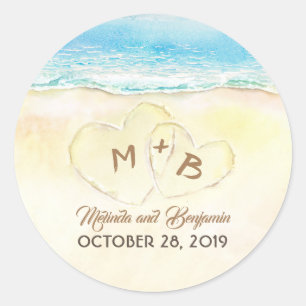 Sticker Rond Mariage des initiales de la mer bleue et du coeur 