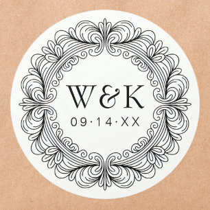 Sticker Rond Mariage des initiales du couple Rococo ou Enregist
