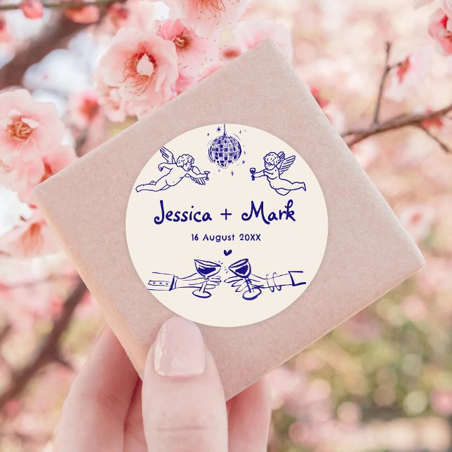 Sticker Rond Mariage Dessiné à la Main Funky Disco (Créateur téléchargé)