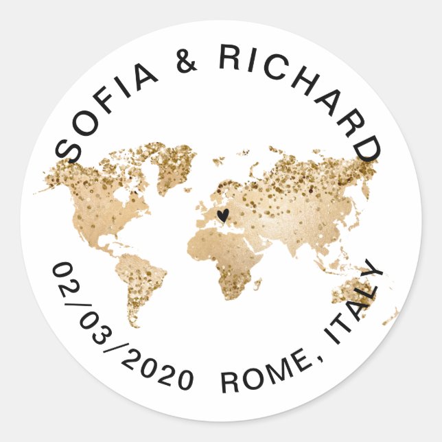 Sticker Rond Mariage Destination World Map Gold Removable Heart (Devant)