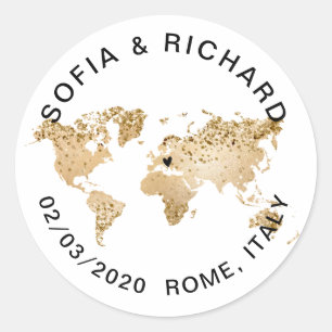 Sticker Rond Mariage Destination World Map Gold Removable Heart