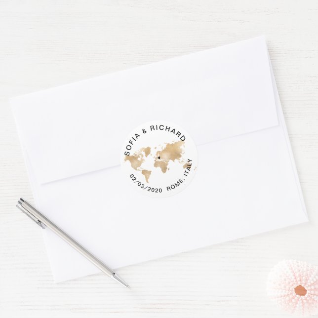 Sticker Rond Mariage Destination World Map Gold Removable Heart (Enveloppe)