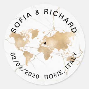 Sticker Rond Mariage Destination World Map Gold Removable Heart