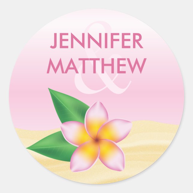 Sticker Rond Mariage d'été à fleurs tropicales roses Frangipani (Devant)