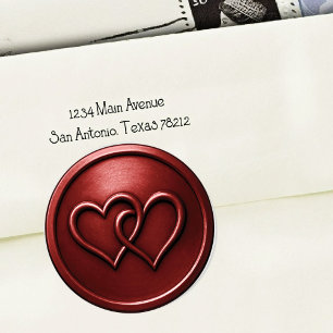 Sticker Rond Mariage Deux Cœurs Entrelacés Rouge Profond