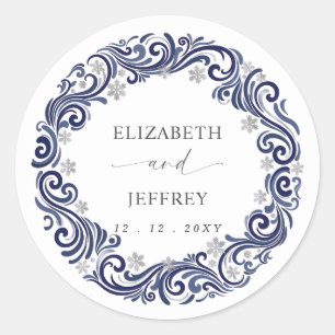 Sticker Rond Mariage d'hiver aux flocons de neige bleu marine a