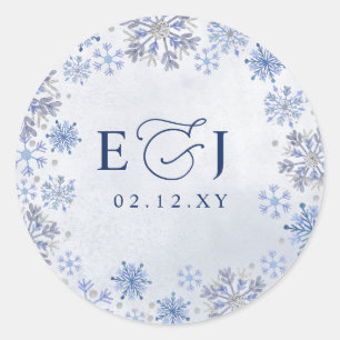 Sticker Rond Mariage d'hiver flocons de neige bleu argent Monog