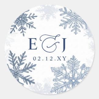 Sticker Rond Mariage d'hiver flocons de neige bleu argent Monog