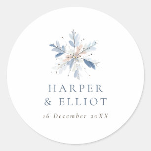 Sticker Rond Mariage d'hiver moderne Blue Snowflake