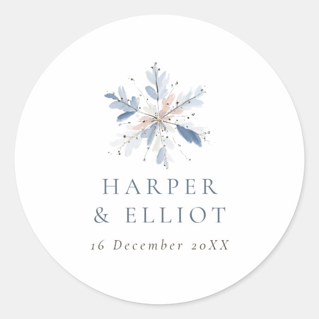 Sticker Rond Mariage d'hiver moderne Blue Snowflake (Devant)
