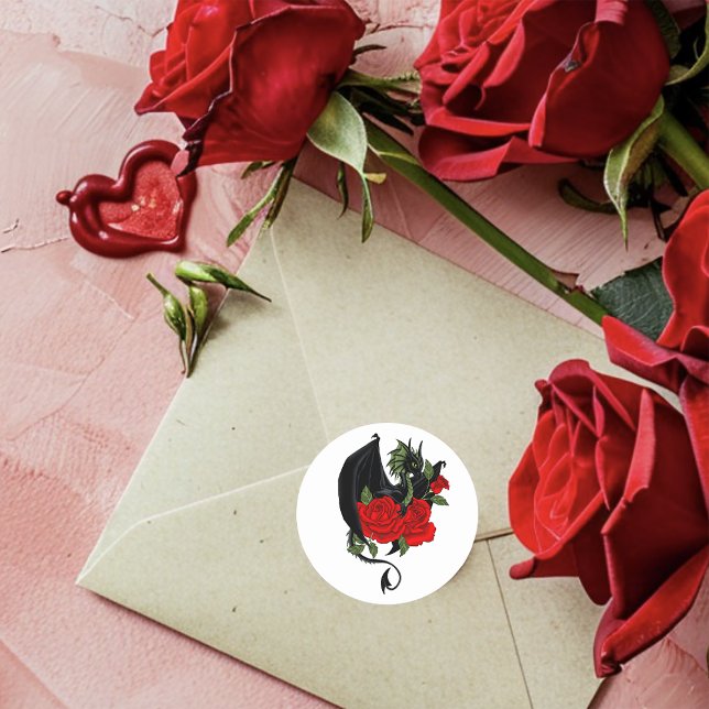 Sticker Rond Mariage d'Imaginaire Black Dragon Red Roses (Créateur téléchargé)
