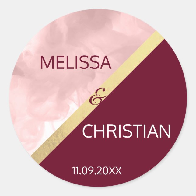 Sticker Rond Mariage d'or moderne tendance rose et bordeaux (Devant)