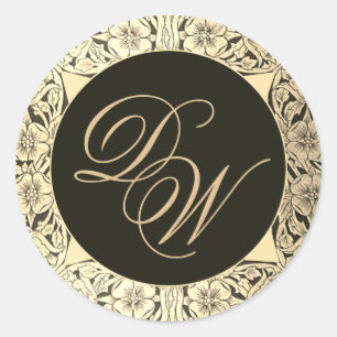 Sticker Rond Mariage d'or noir Monogramme Vintage Élégant Flora