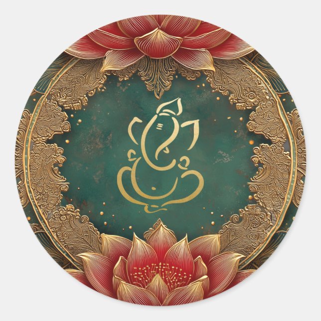 Sticker Rond Mariage du dieu hindou Ganesh | Inde Lotus doré Ve (Devant)