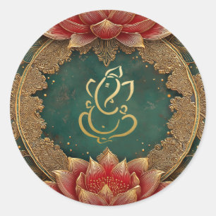 Sticker Rond Mariage du dieu hindou Ganesh   Inde Lotus vert do