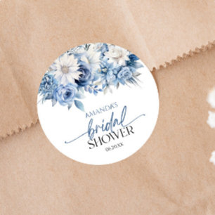 Sticker Rond Mariage Dusty Blue Fleurs Florales