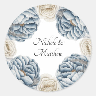 Sticker Rond Mariage Dusty Blue & White Peony