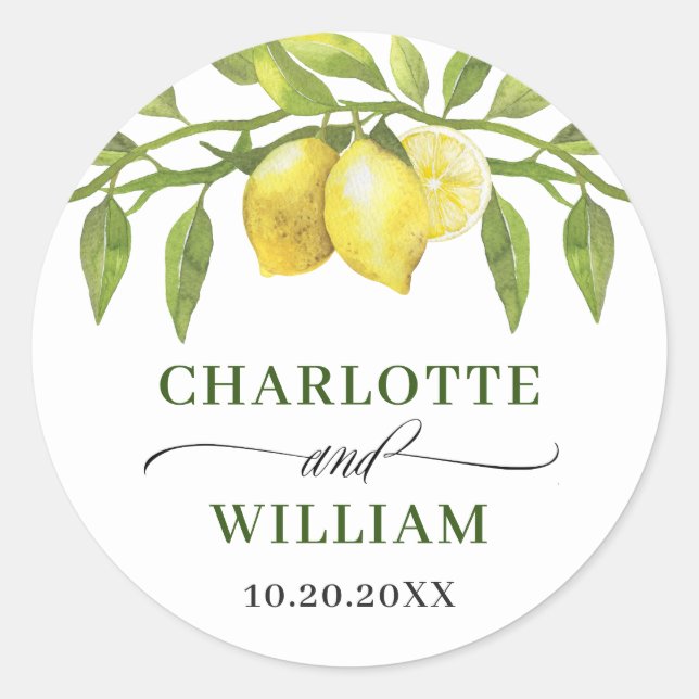 Sticker Rond Mariage Élégant Aquarelle Citrons Verdure (Devant)