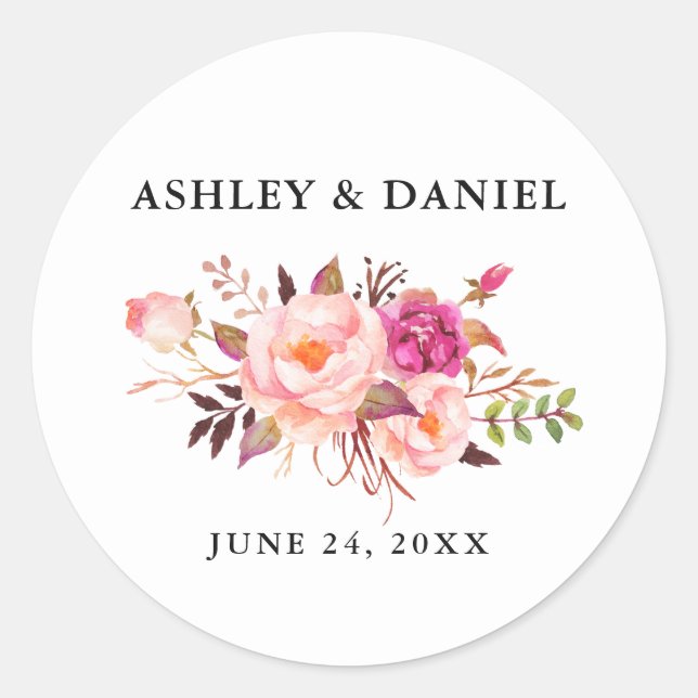Sticker Rond Mariage Elégant Aquarelle Rose Blush Floral (Devant)
