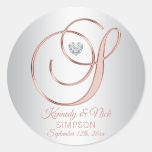 Sticker Rond Mariage Élégant Argent Personnalisé Rose Doré