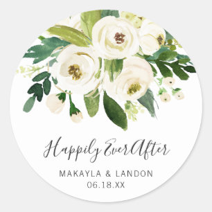 Sticker Rond Mariage Élégant aux Fleurs Blanches Heureux à Tout