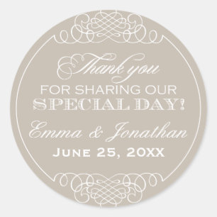 Sticker Rond Mariage Élégant Beige Remerciement Monogramme