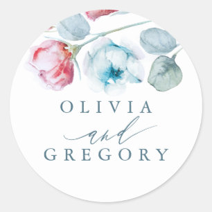 Sticker Rond Mariage élégant bleu et rose floral