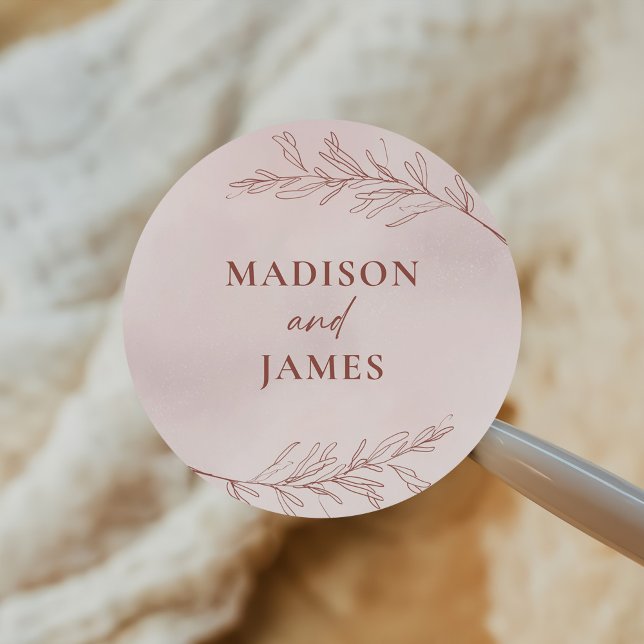 Sticker Rond Mariage Élégant Boho Pink à feuilles minimes (Créateur téléchargé)