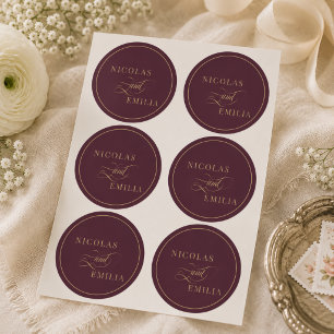 Sticker Rond Mariage élégant calligraphie or rouge profond