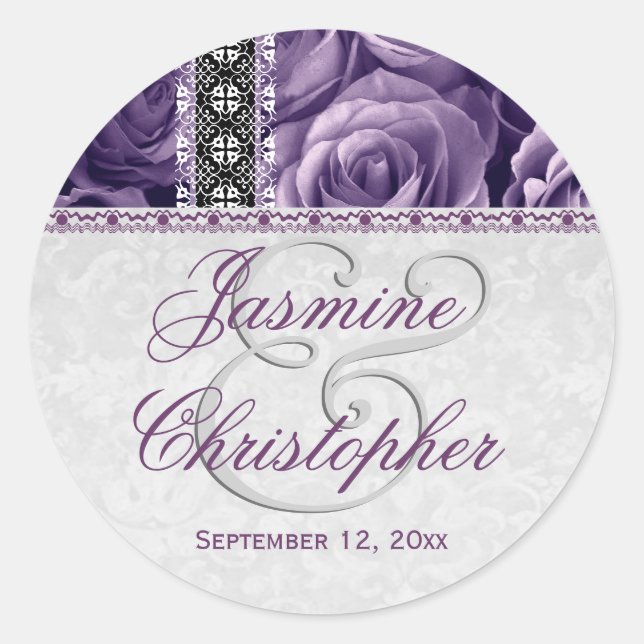 Sticker Rond Mariage élégant Favor PURPLE Roses et dentelle V07 (Devant)