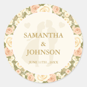 Sticker Rond Mariage Élégant Floral Ivoire Vintage