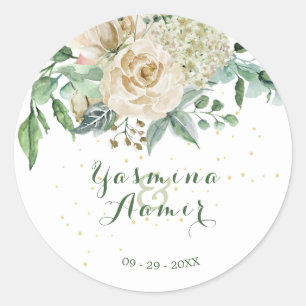 Sticker Rond Mariage Élégant Floral Neutre Rose Or