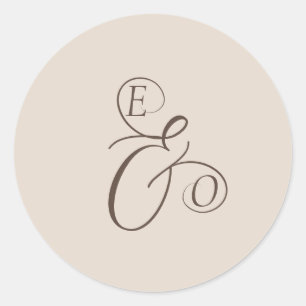 Sticker Rond Mariage Élégant Ivoire Monogramme Brun Atténué