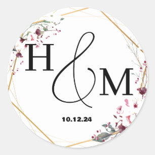 Sticker Rond Mariage Élégant Moderne Monogrammé Floral Or