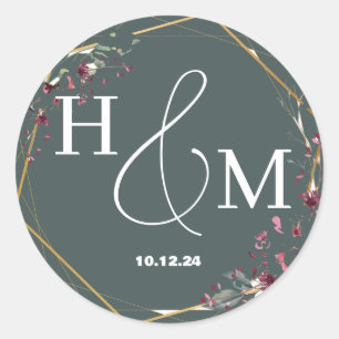 Sticker Rond Mariage Élégant Moderne Monogrammé Floral Or
