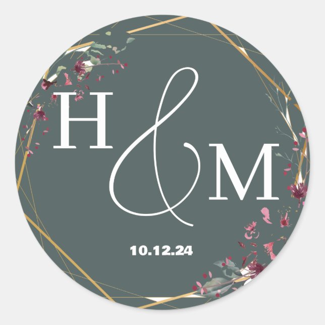 Sticker Rond Mariage Élégant Moderne Monogrammé Or Floral (Devant)