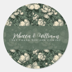 Sticker Rond Mariage élégant sur le thème des gardenias verts l