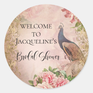 Sticker Rond Mariage élégant vintage rose saumon Paon Fête prén