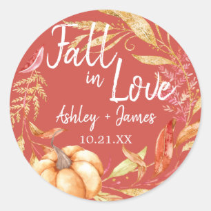 Sticker Rond Mariage Élégante Automne Rouge Monogramme Amour