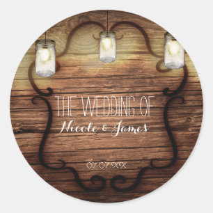 Sticker Rond Mariage en bois rustique de campagne et pots Mason