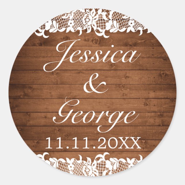 Sticker Rond Mariage en bois rustique et dentelle blanche (Devant)