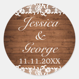 Sticker Rond Mariage en bois rustique et dentelle blanche