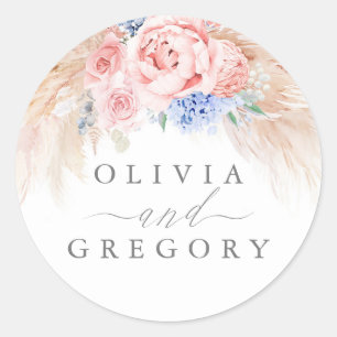 Sticker Rond Mariage en laiton bleu et rose fleuri Pampas