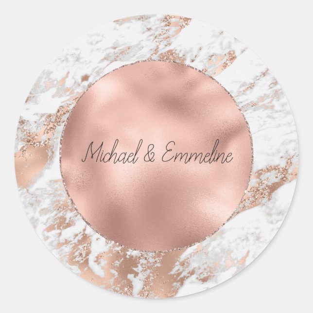 Sticker Rond Mariage en marbre blanc pailleté or rose (Devant)