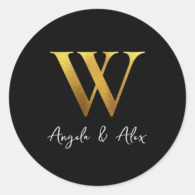 Sticker Rond Mariage en métal brossé en or Monogramme W Noir (Devant)