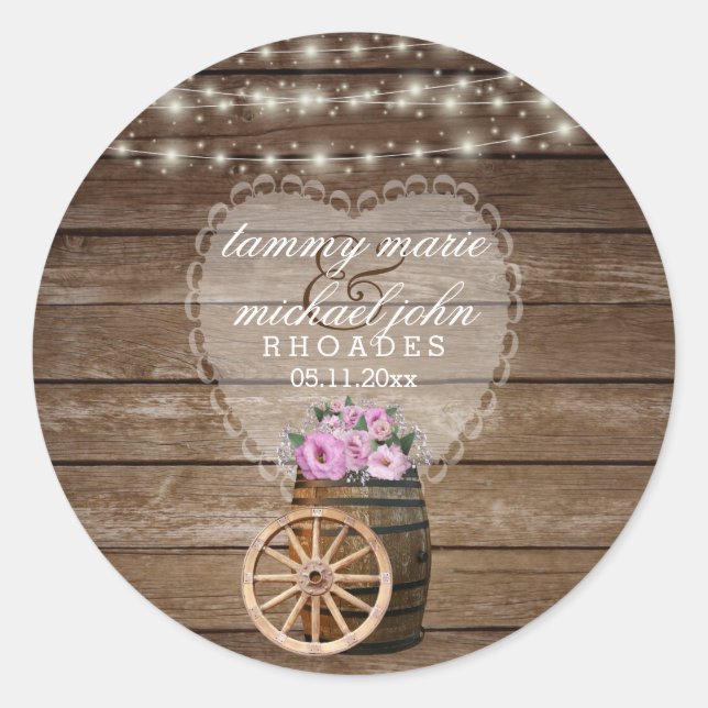 Sticker Rond Mariage en tonneau de bois rustique avec fleurs ro (Devant)