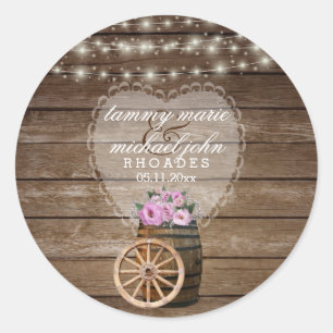 Sticker Rond Mariage en tonneau de bois rustique avec fleurs ro