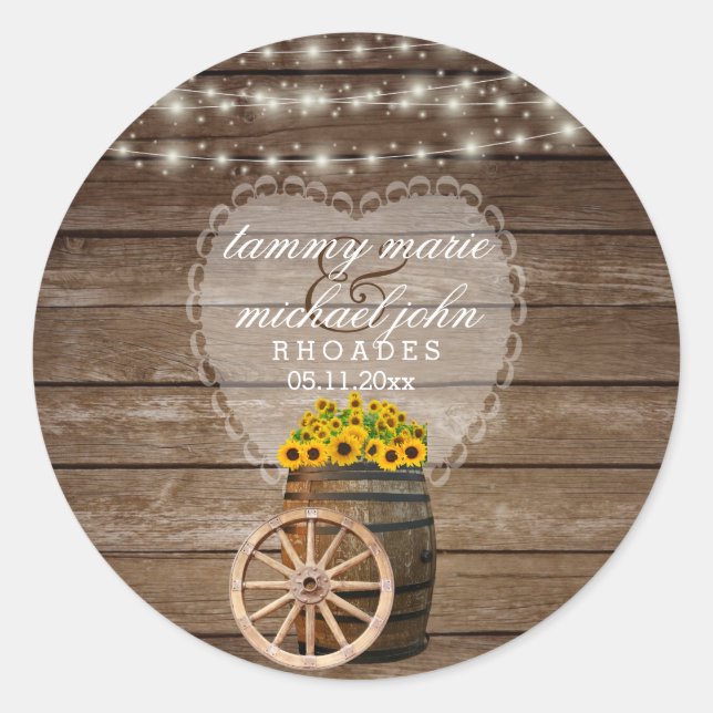 Sticker Rond Mariage en tonneau rustique en bois avec tournesol (Devant)