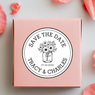 Sticker Rond Mariage Enregistrer La Date Fleurs En Pot De Mason